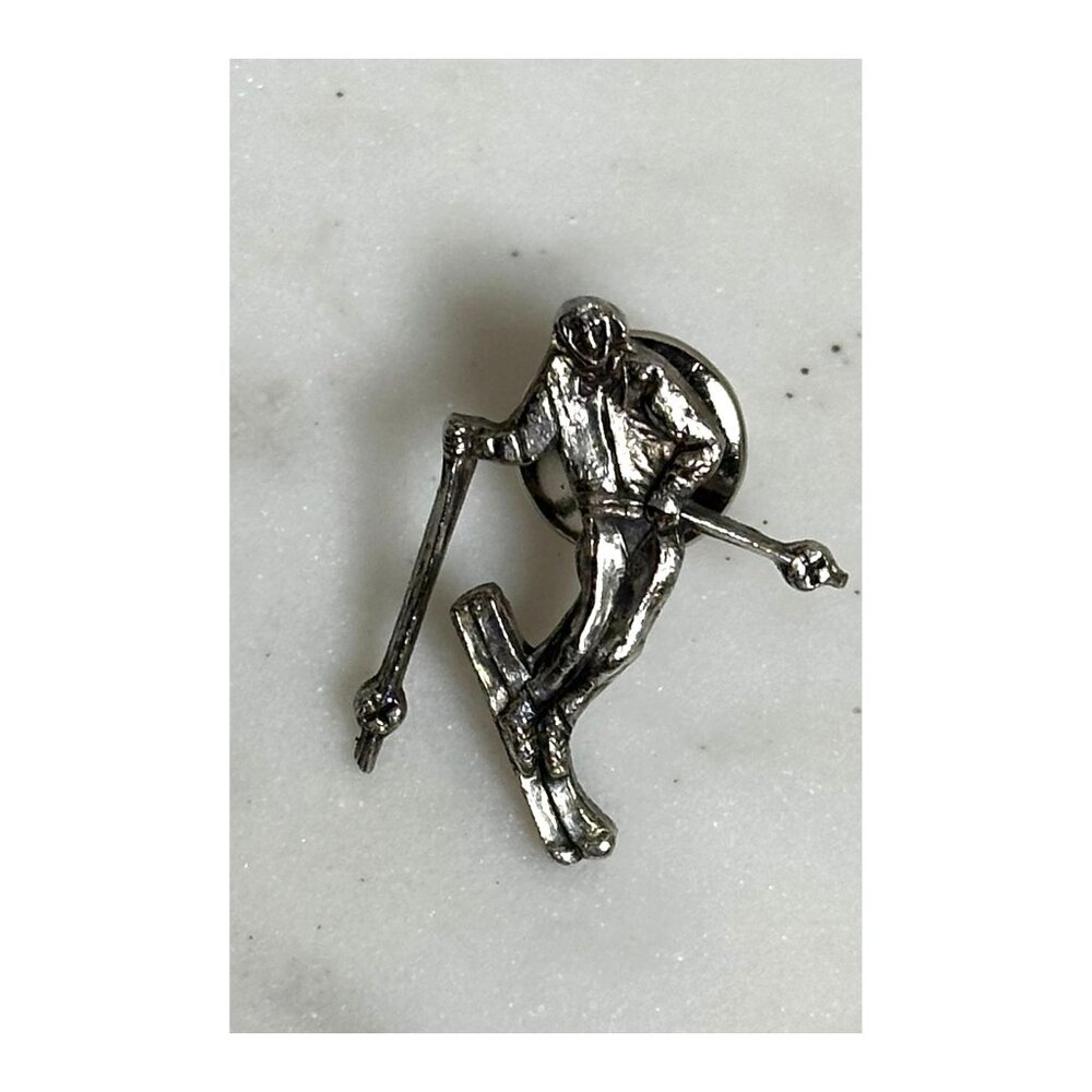 Vintage Silver Plated Skiing Lapel Pin Winter Sports Collectible Ski Pin Badge